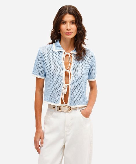 polo feminina de tricot com laço bicolor azul