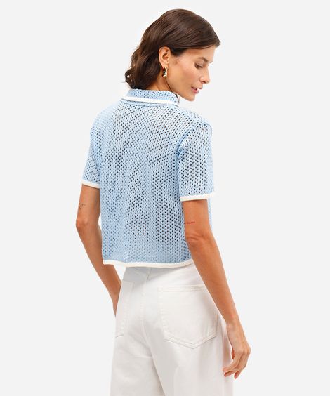 polo feminina de tricot com laço bicolor azul