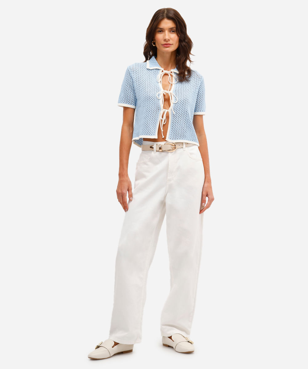 polo feminina de tricot com laço bicolor azul