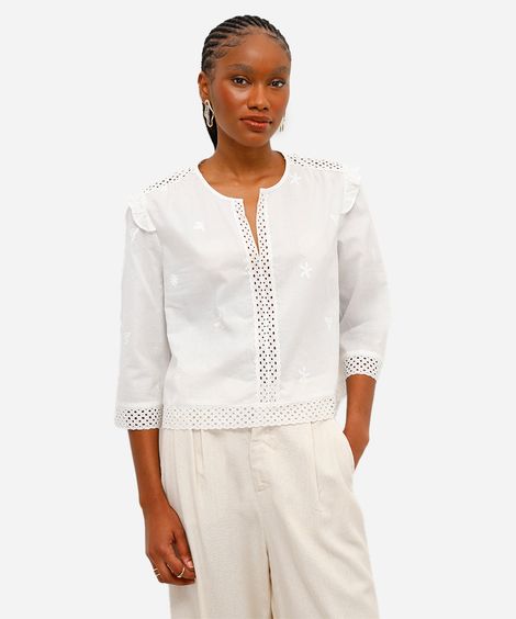 bata feminina de algodão com bordado floral off white