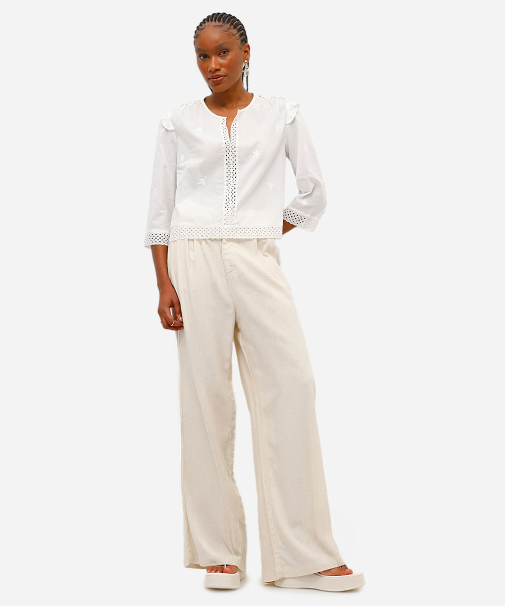 bata feminina de algodão com bordado floral off white