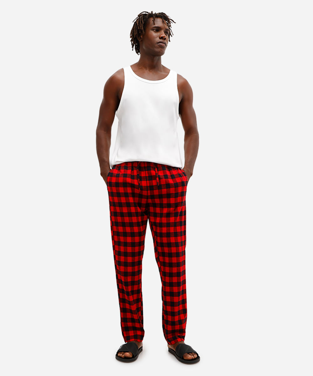 calça de pijama masculina avulsa xadrez vermelha