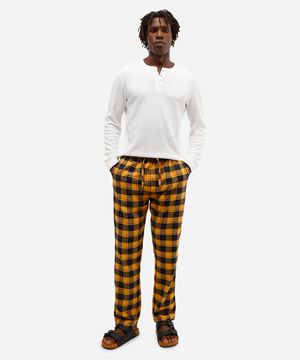 calça de pijama masculina avulsa xadrez amarela