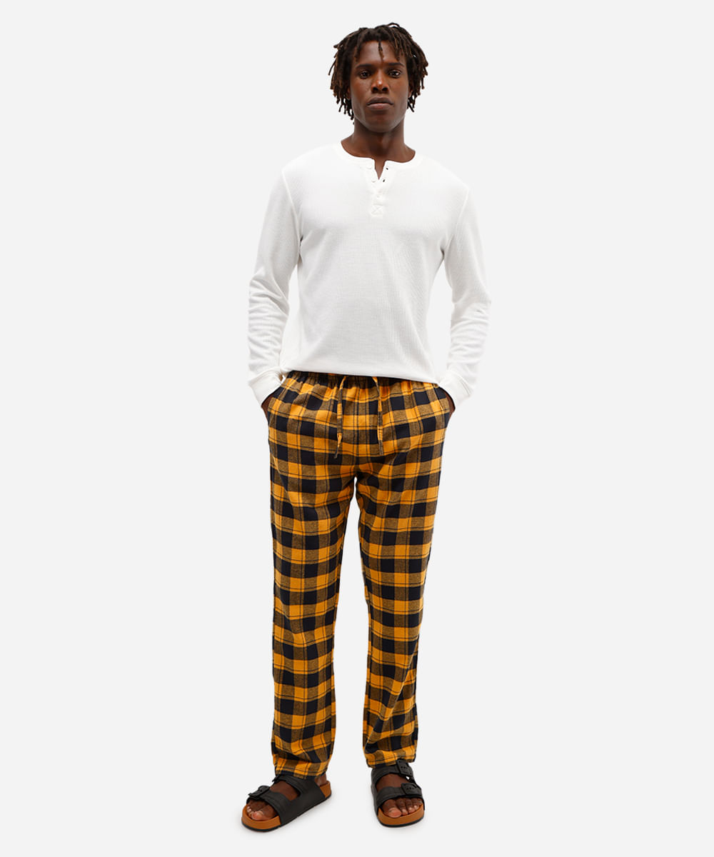 calça de pijama masculina avulsa xadrez amarela