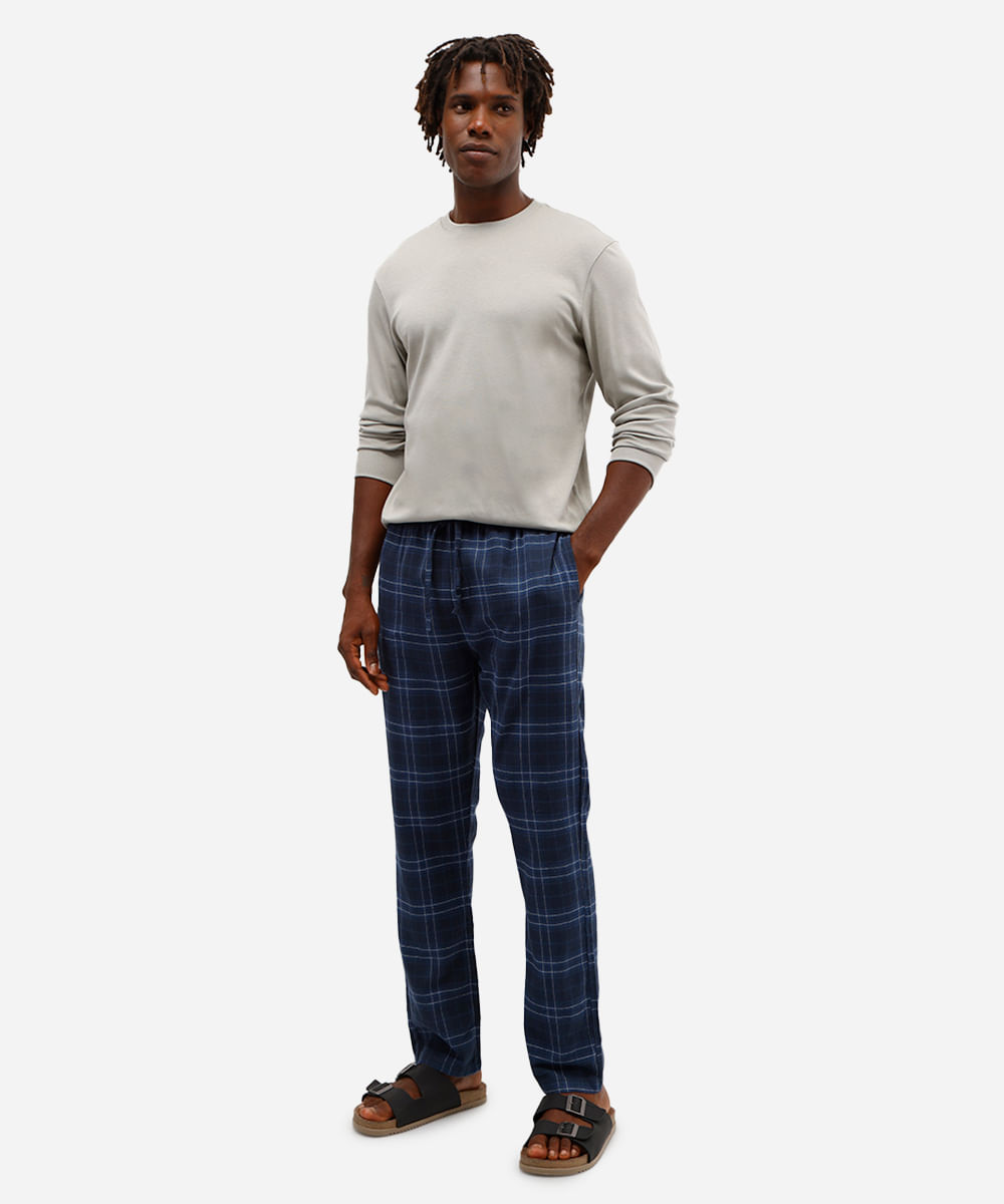 calça de pijama masculina avulsa xadrez azul