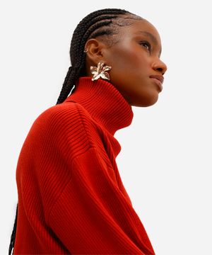 suéter de tricot cropped gola alta laranja