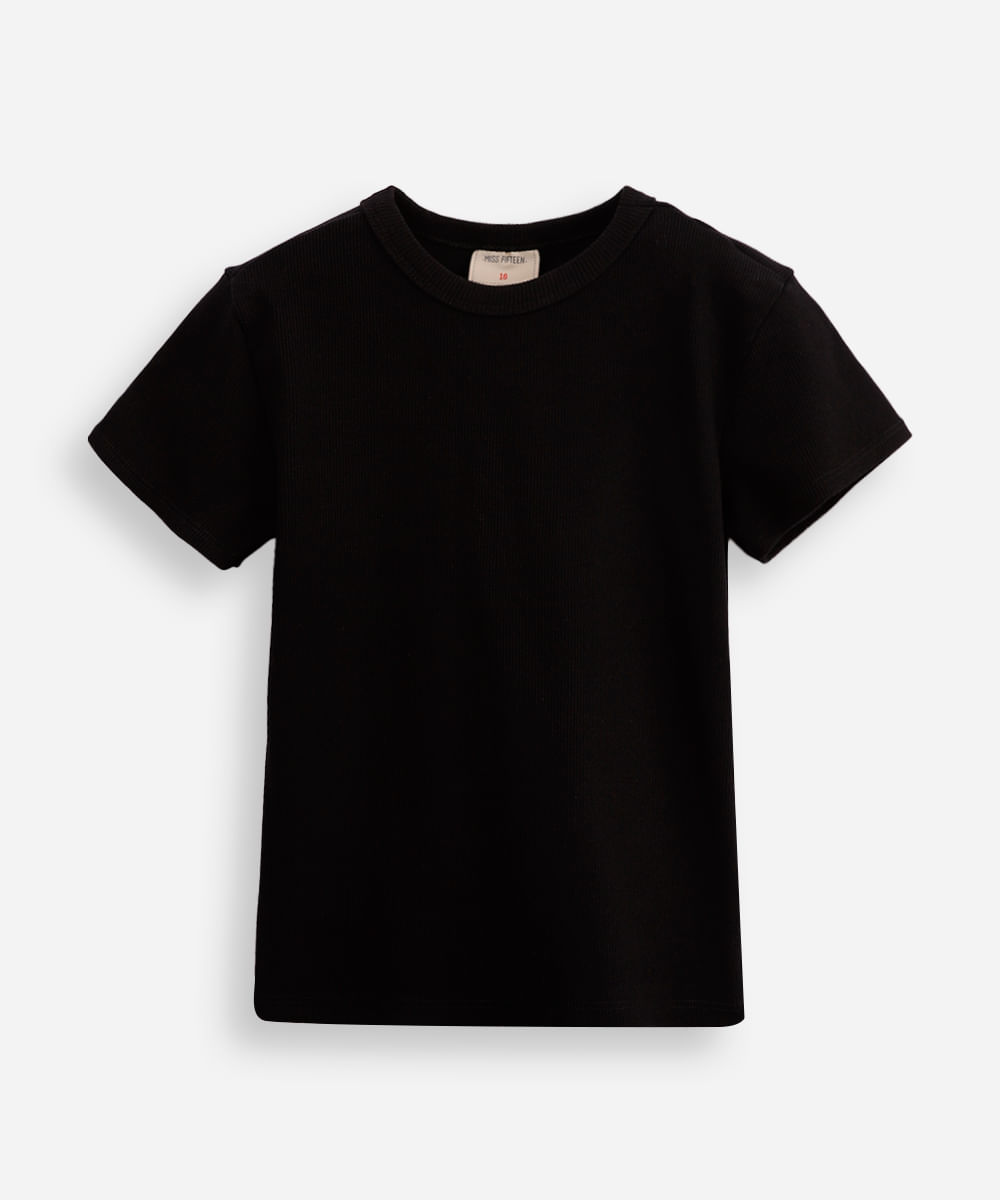 blusa de algodão juvenil canelada preta
