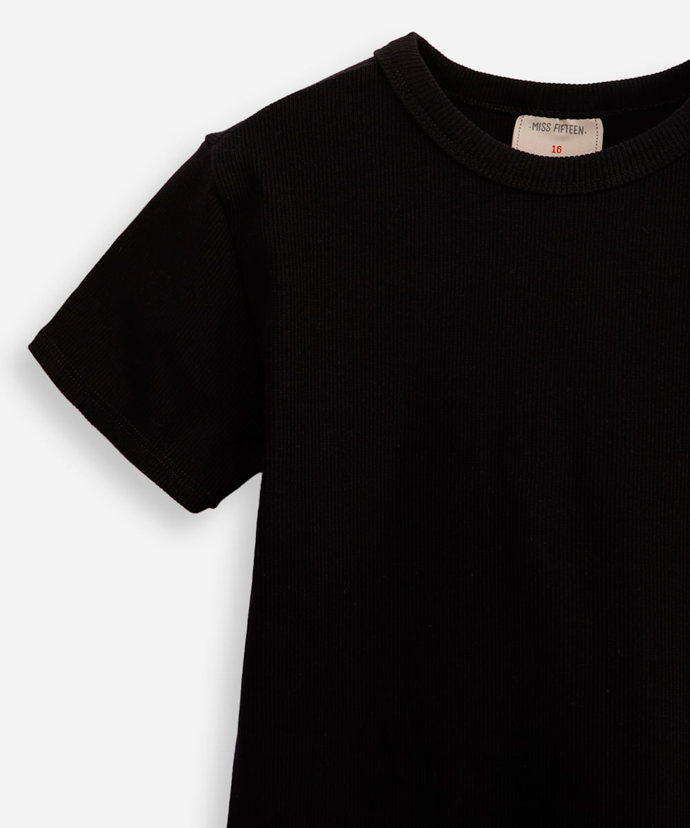 blusa de algodão juvenil canelada preta