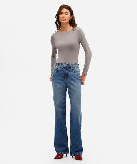 calça wide leg jeans feminina com brilhos azul