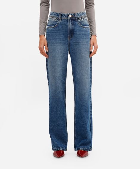 calça wide leg jeans feminina com brilhos azul