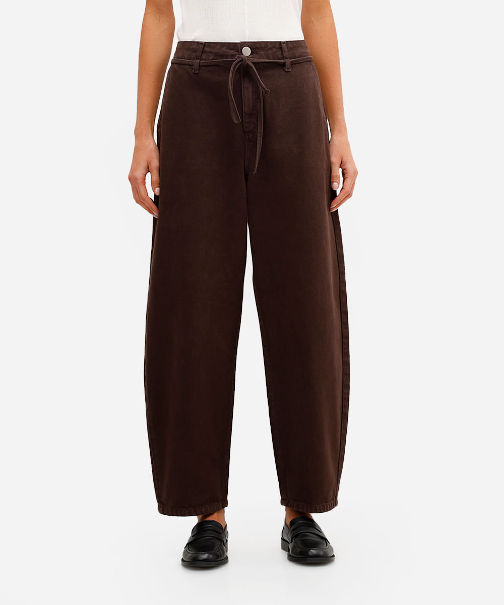 calça balloon feminina de sarja cintura alta marrom