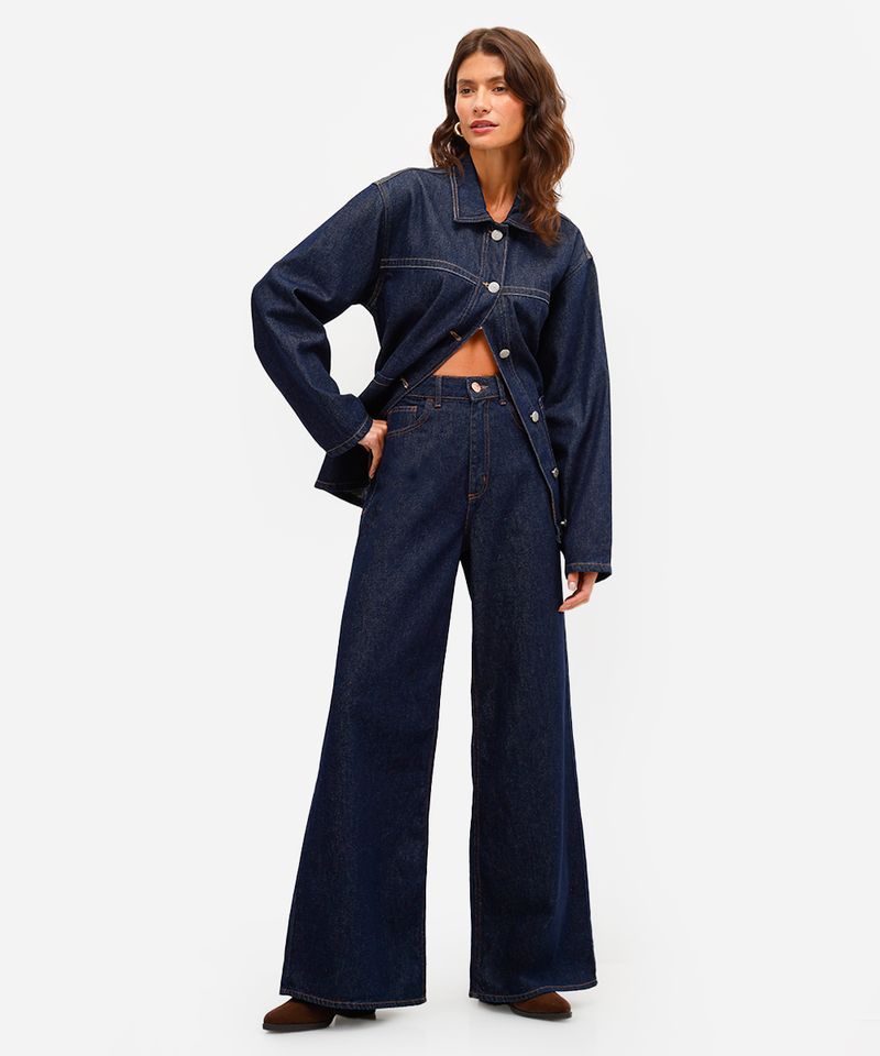 calça wide leg feminina jeans cintura alta azul