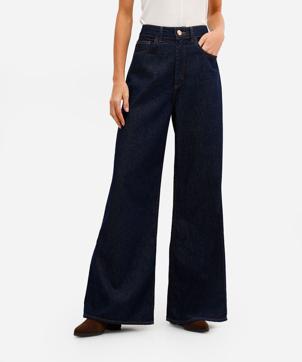 calça wide leg feminina jeans cintura alta azul