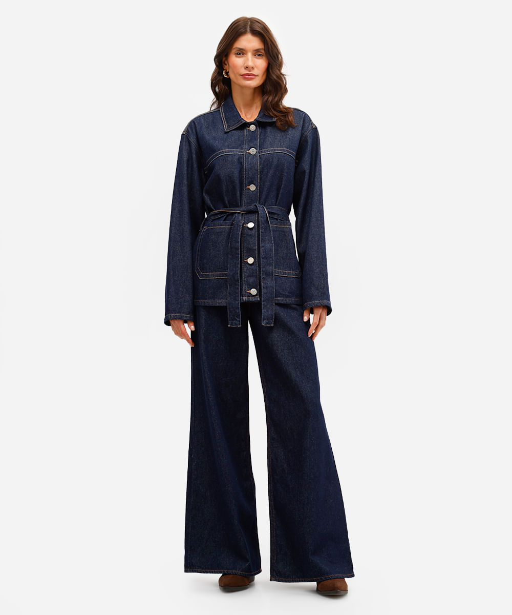 calça wide leg feminina jeans cintura alta azul