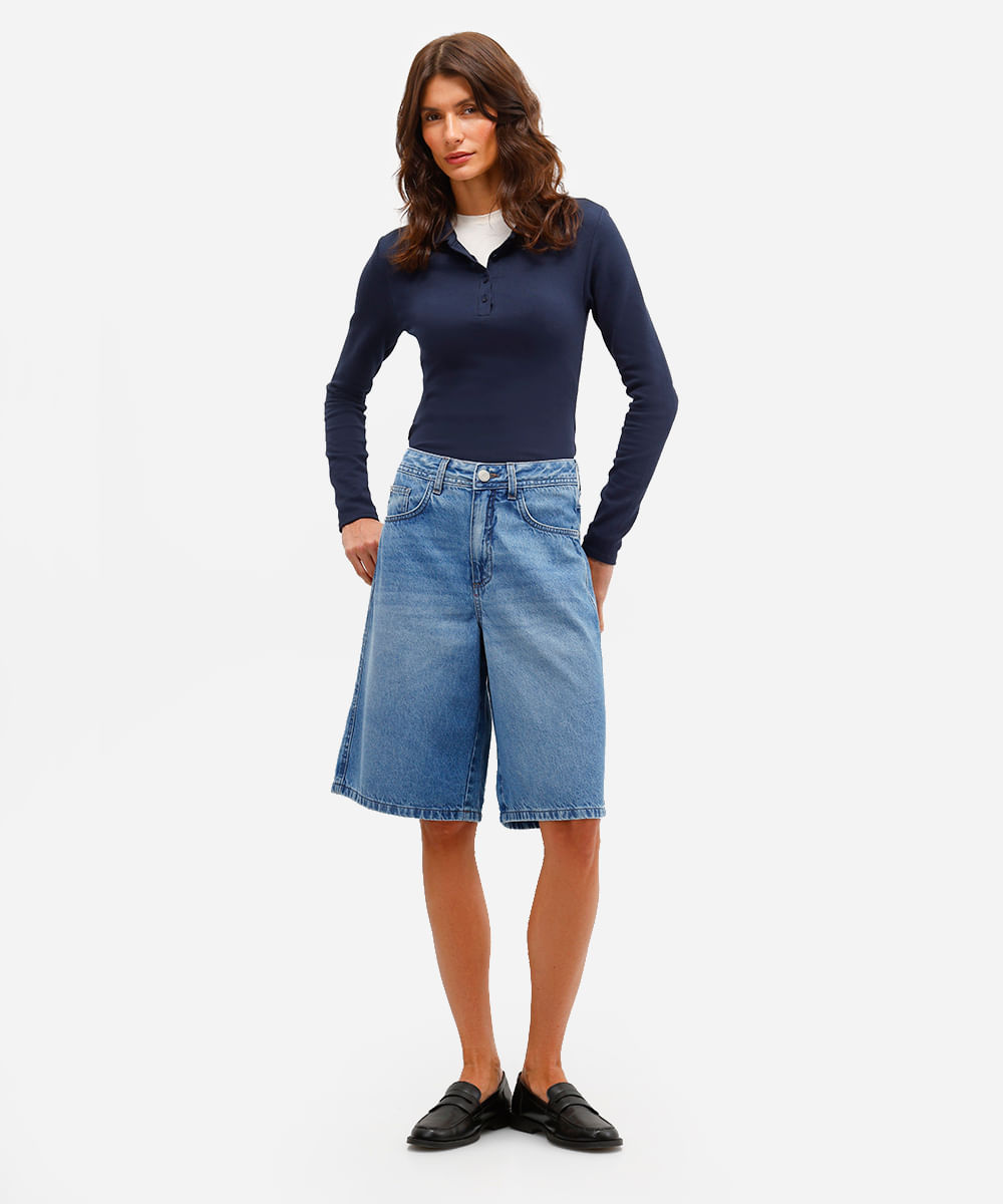 bermuda jorts feminina jeans cintura média azul