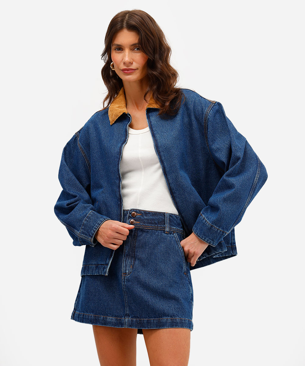 jaqueta feminina jeans gola de veludo azul