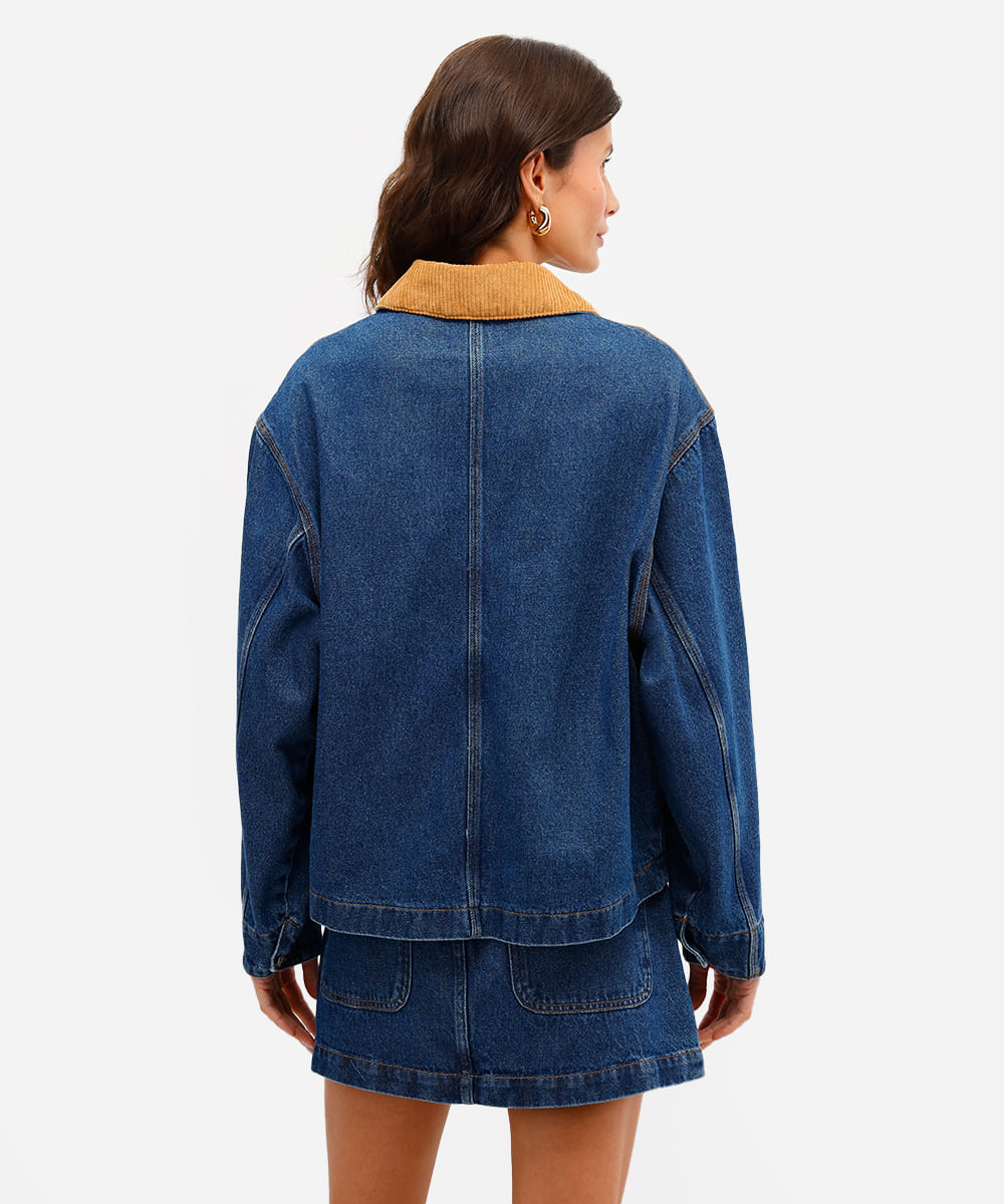 jaqueta feminina jeans gola de veludo azul