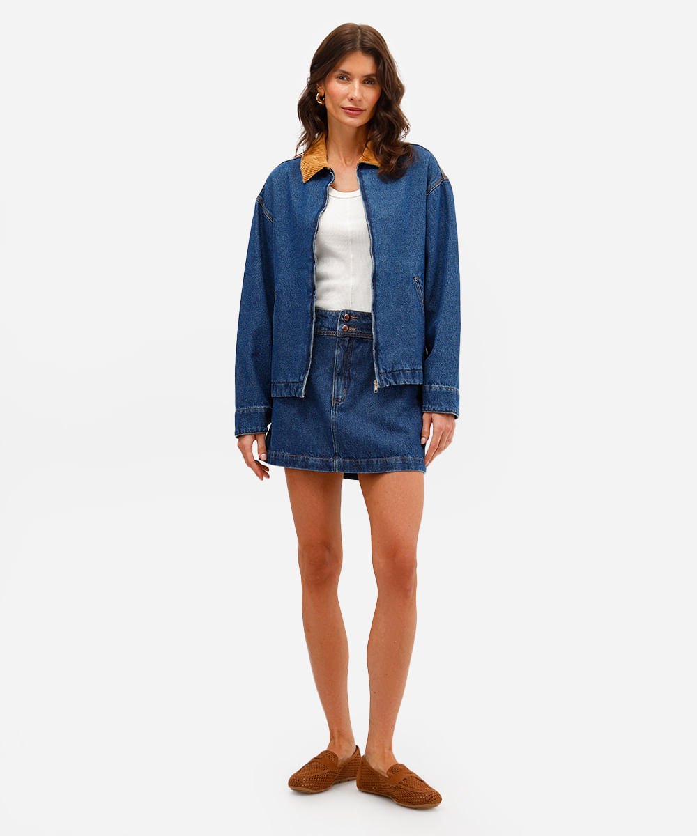 jaqueta feminina jeans gola de veludo azul