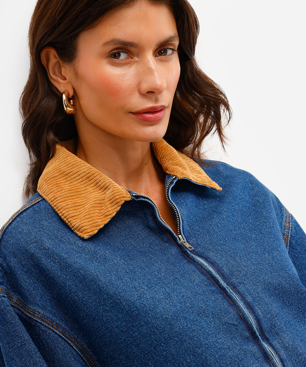 jaqueta feminina jeans gola de veludo azul