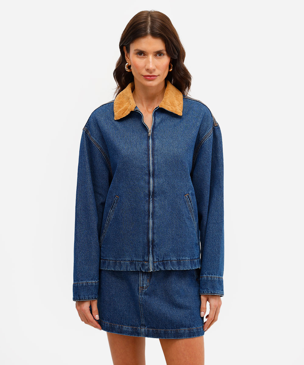 jaqueta feminina jeans gola de veludo azul