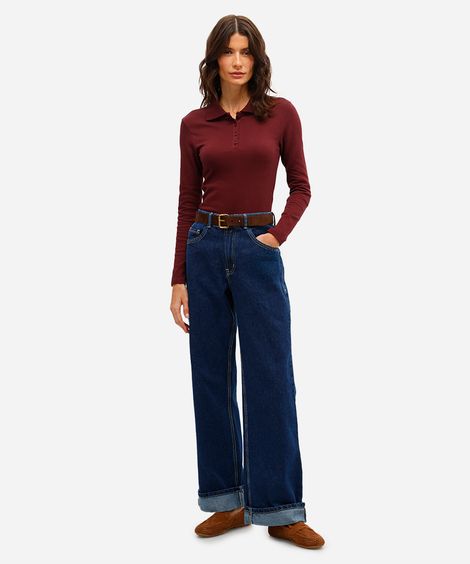 calça wide leg feminina jeans barra dobrada azul