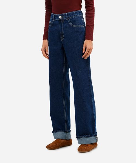 calça wide leg feminina jeans barra dobrada azul
