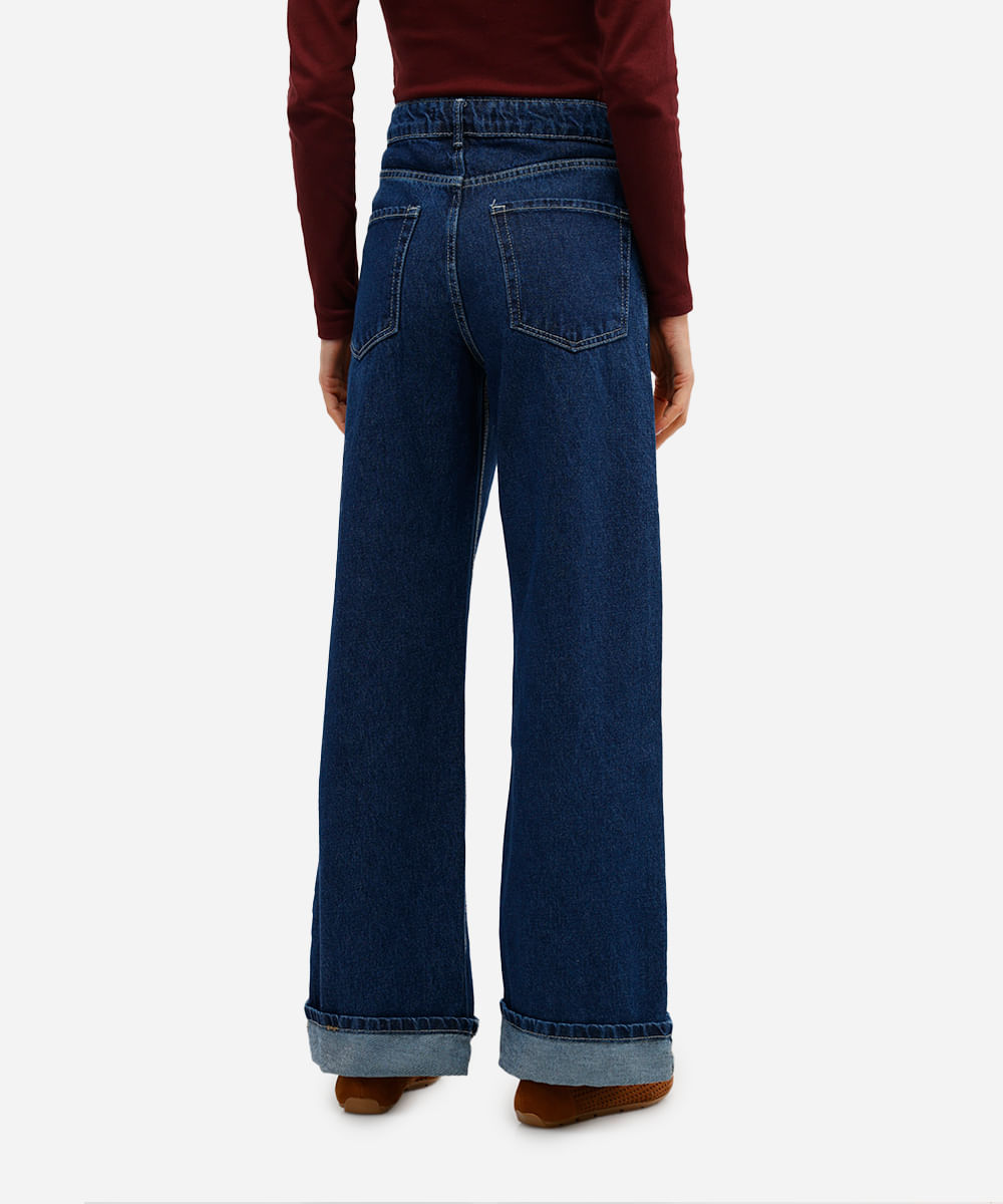 calça wide leg feminina jeans barra dobrada azul