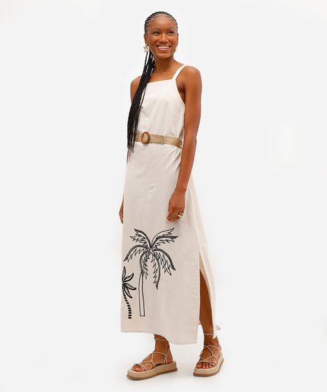 vestido longo de algodão com bordado e cinto bege