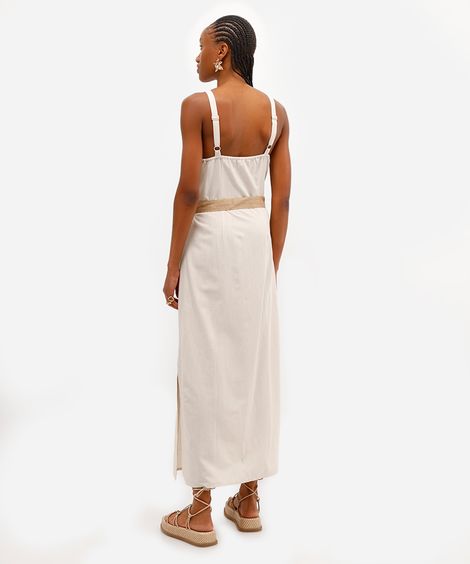 vestido longo de algodão com bordado e cinto bege