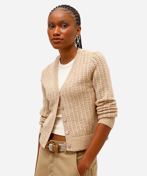 cardigan feminino de tricot com lurex bege