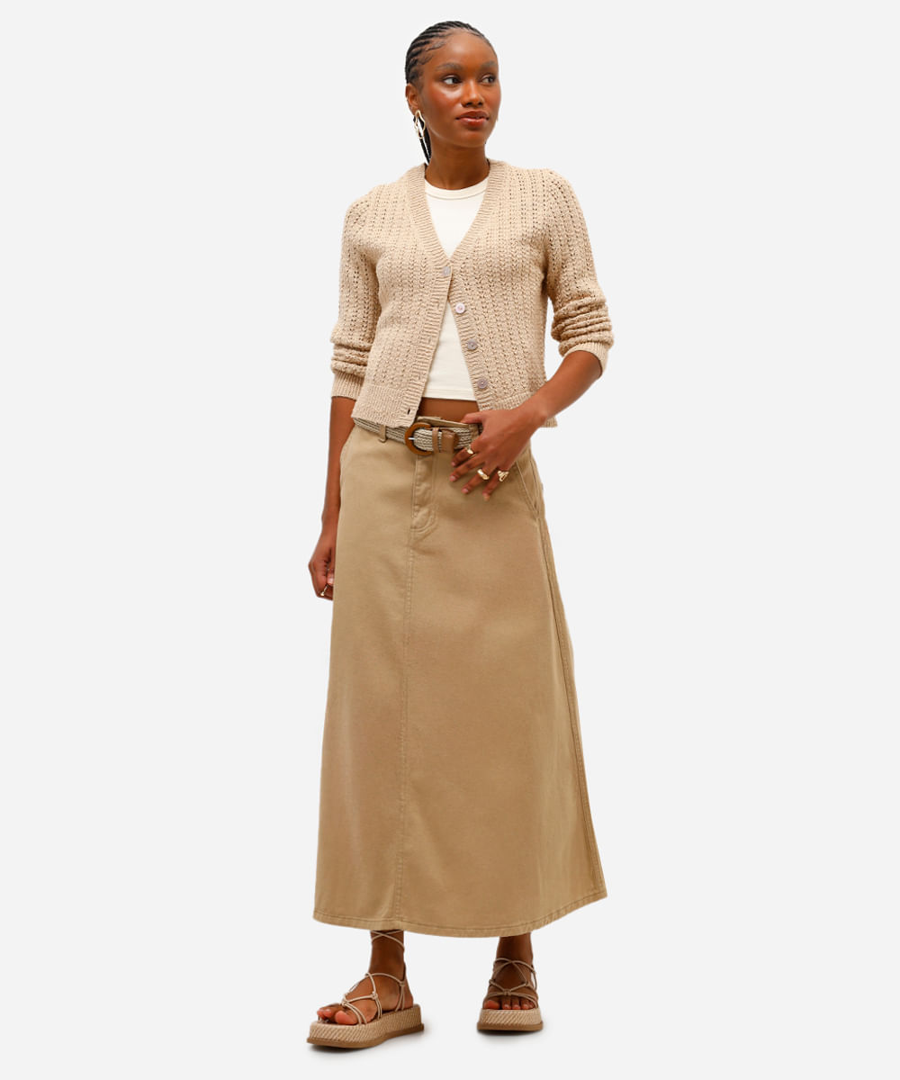 cardigan feminino de tricot com lurex bege