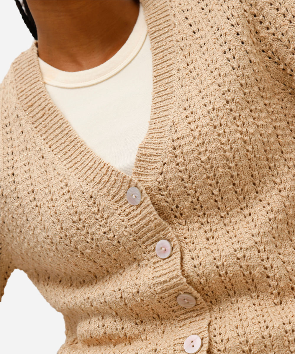 cardigan feminino de tricot com lurex bege