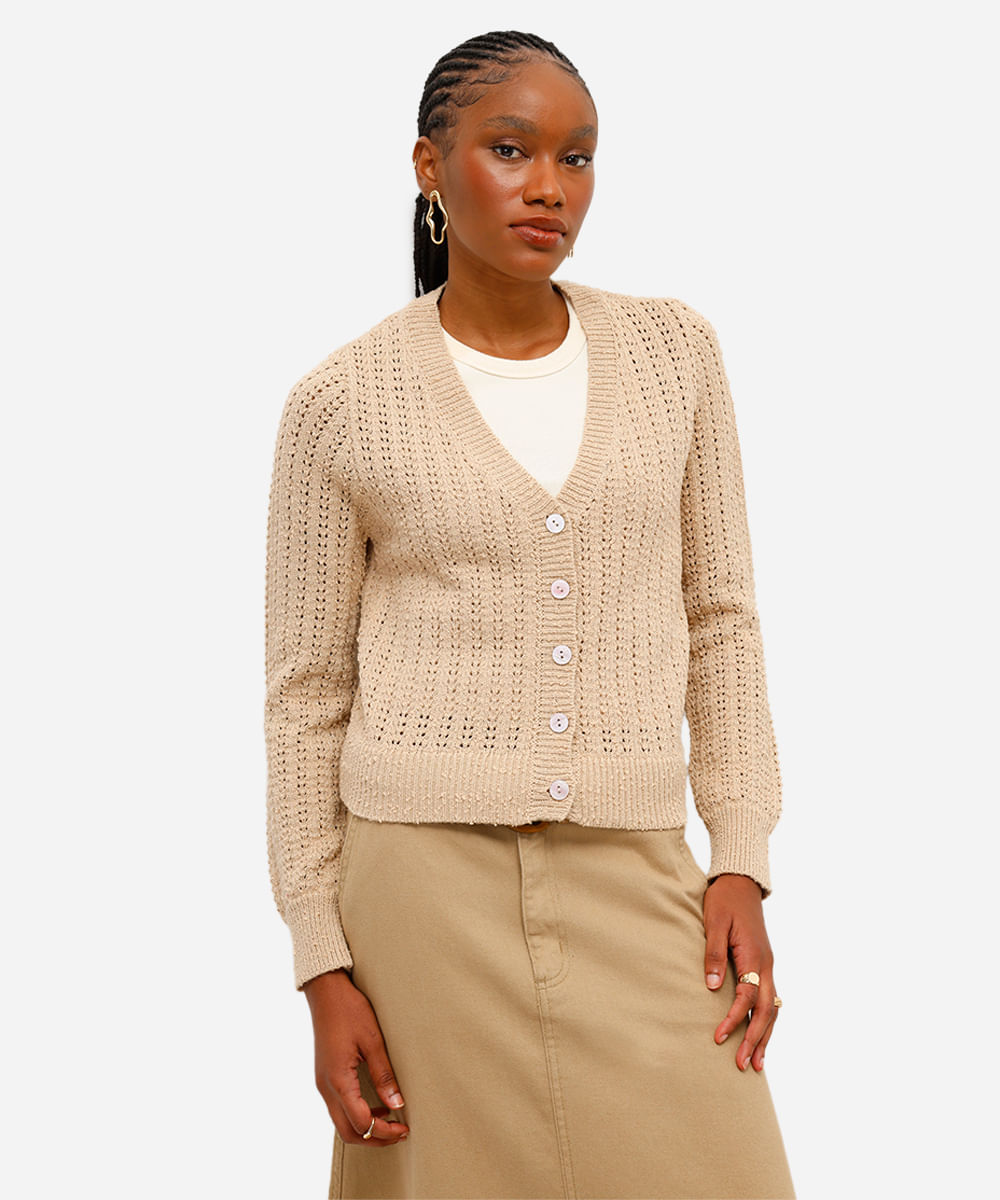 cardigan feminino de tricot com lurex bege