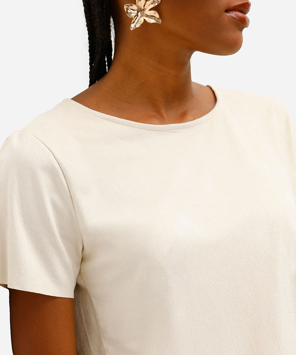 cropped de suede manga curta nude - areia