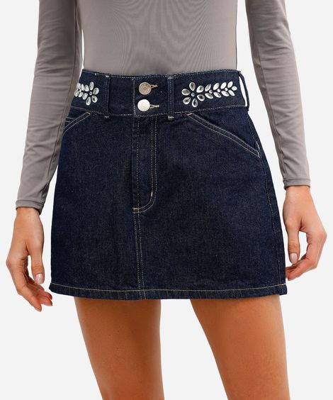 minissaia feminina jeans com brilhos azul