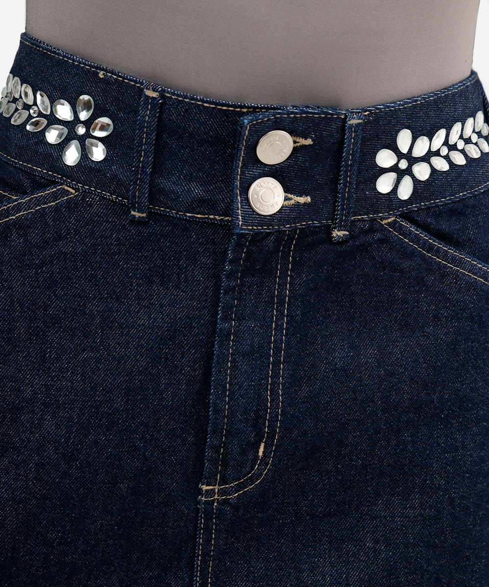 minissaia feminina jeans com brilhos azul