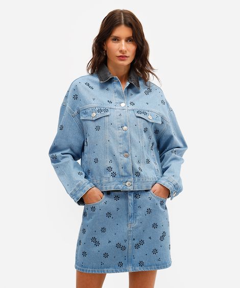 jaqueta feminina jeans gola contrastante com brilhos azul