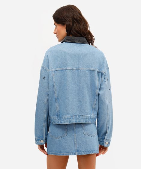 jaqueta feminina jeans gola contrastante com brilhos azul