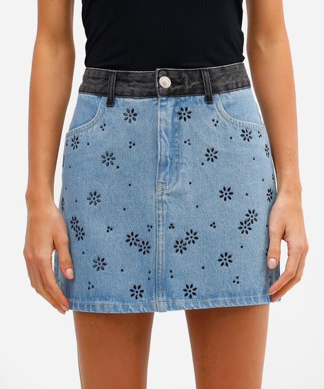 saia curta feminina jeans com brilhos azul