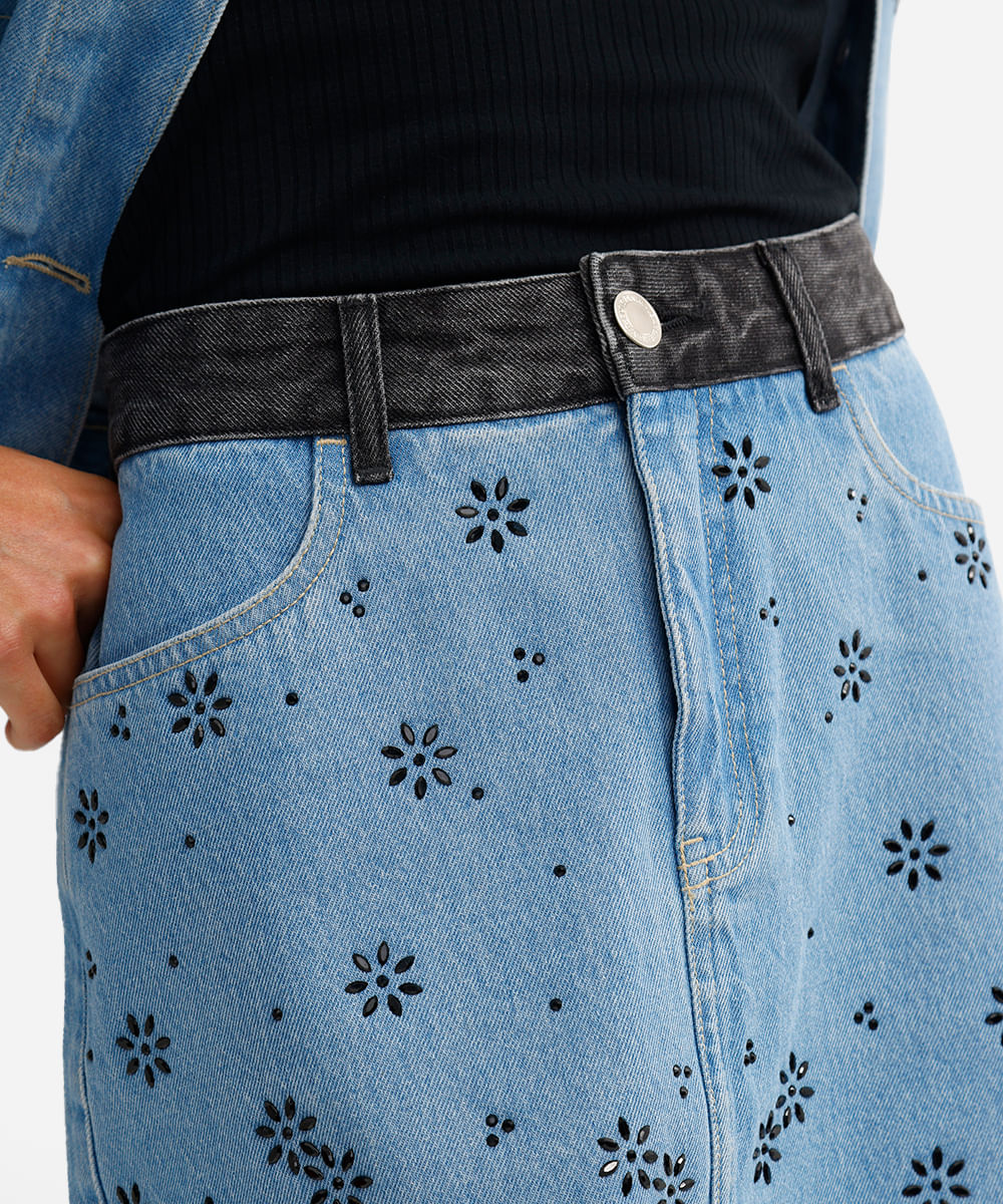 saia curta feminina jeans com brilhos azul