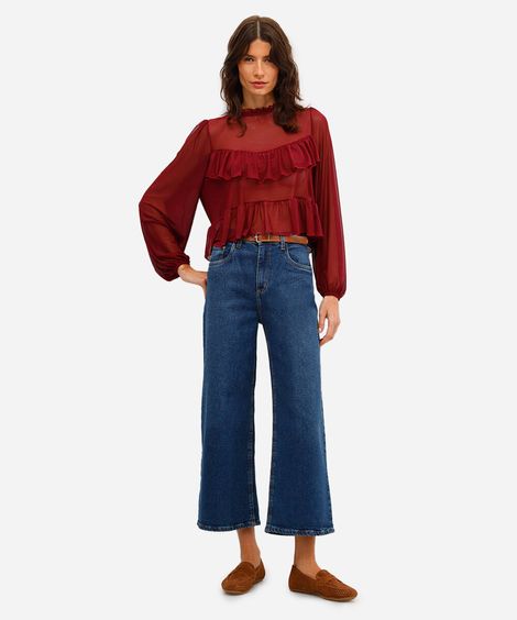 calça jeans wide leg cropped cintura alta com cinto azul