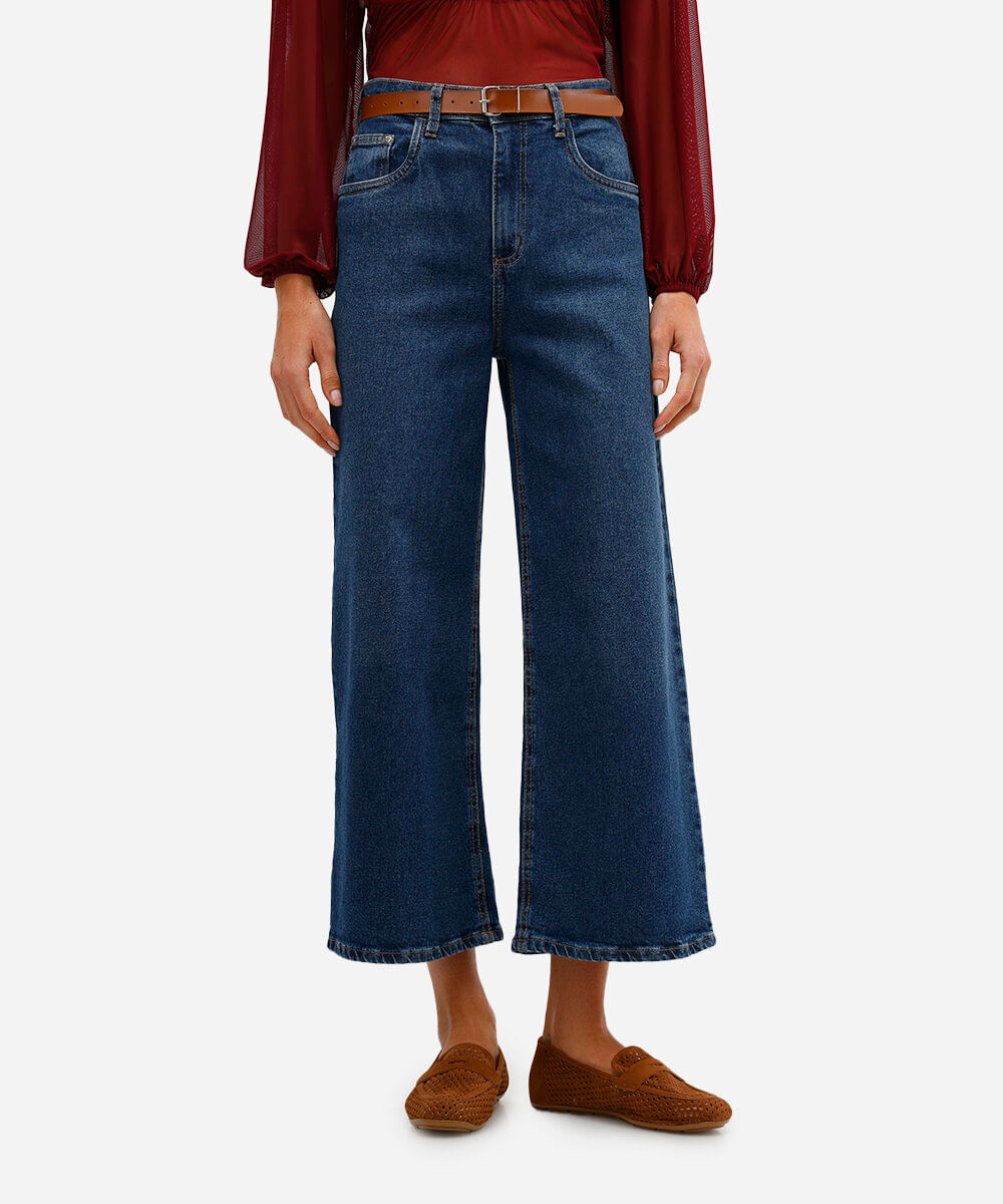 calça jeans wide leg cropped cintura alta com cinto azul