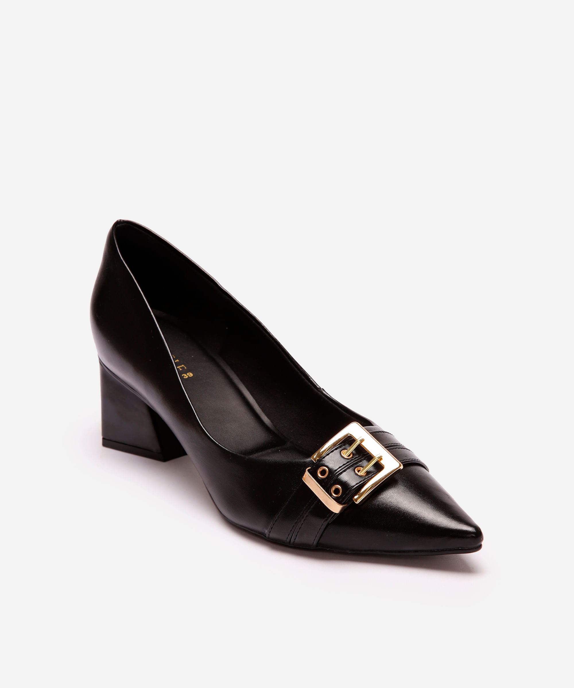 scarpin feminino bico fino com fivela oneself preto