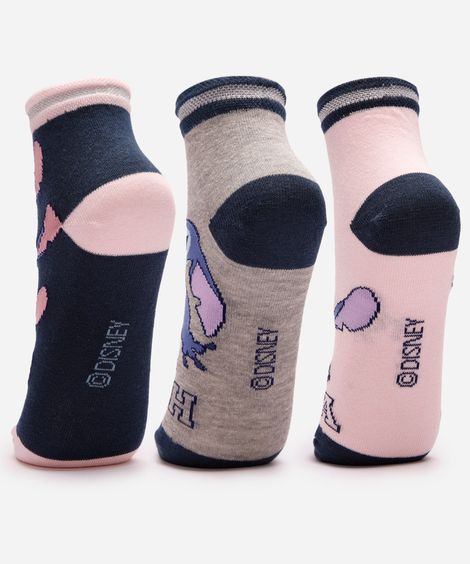 kit de 3 meias cano médio femininas stitch com lurex colorida