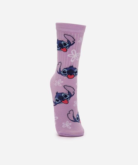 meia feminina cano longo stitch floral lilás