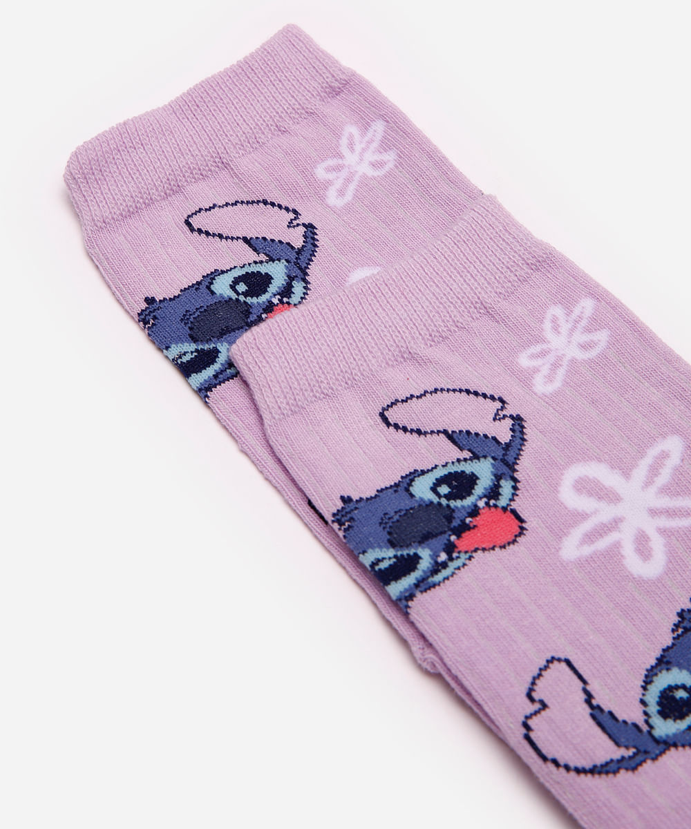 meia feminina cano longo stitch floral lilás