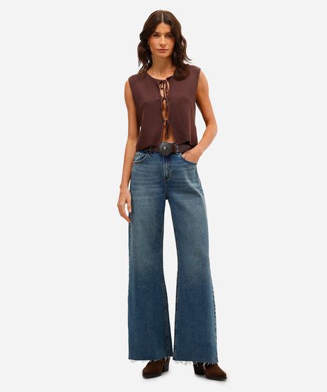 calça wide leg feminina jeans cintura alta barra desfiada azul