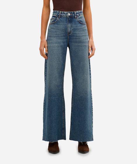calça wide leg feminina jeans cintura alta barra desfiada azul