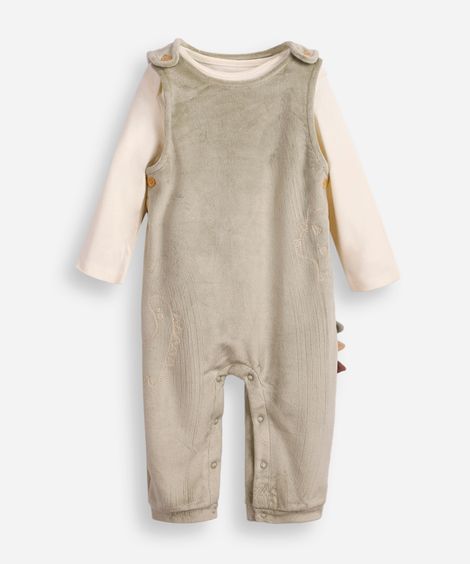 jardineira longa infantil de plush com blusa dinossauro verde