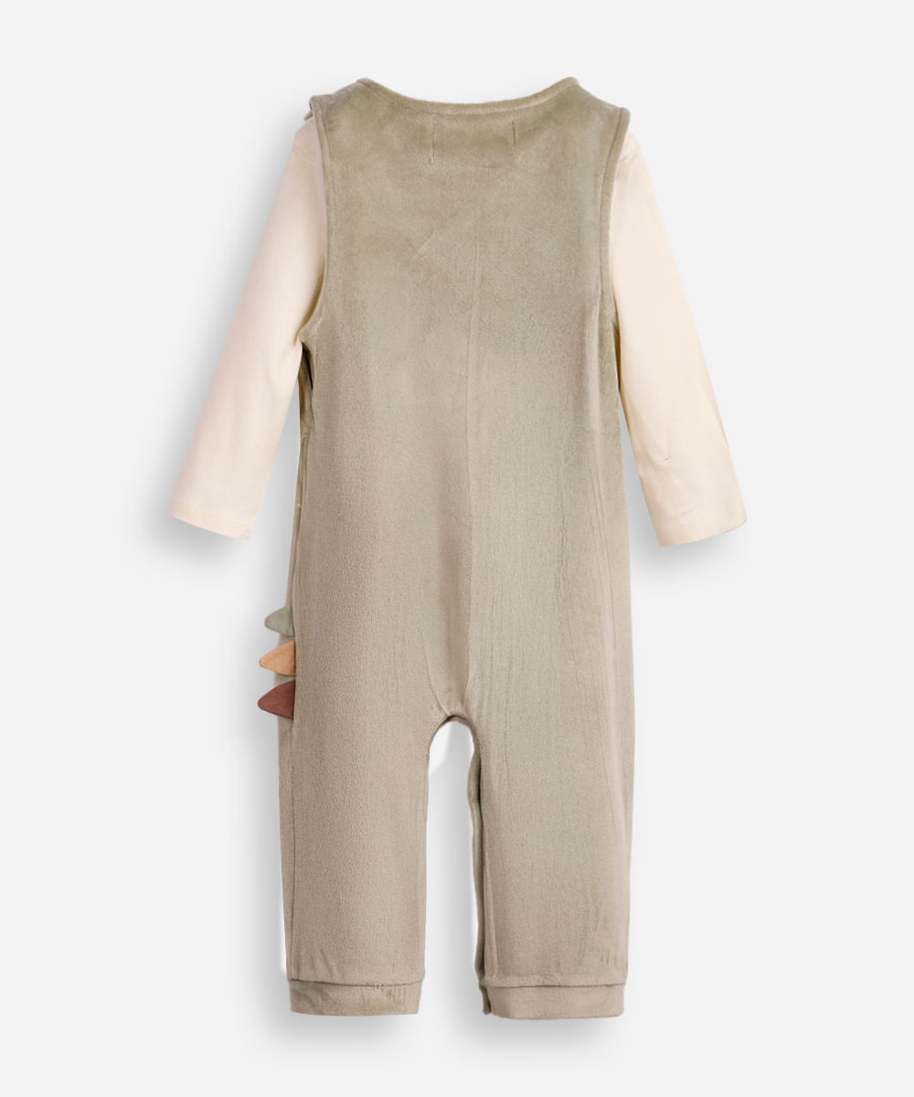 jardineira longa infantil de plush com blusa dinossauro verde